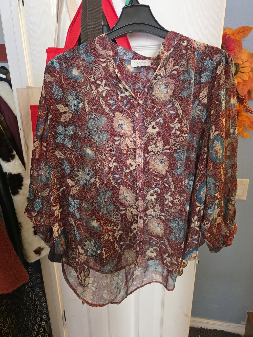 Dress Forum Burgundy Floral Button-Front Blouse with Blue Accents
